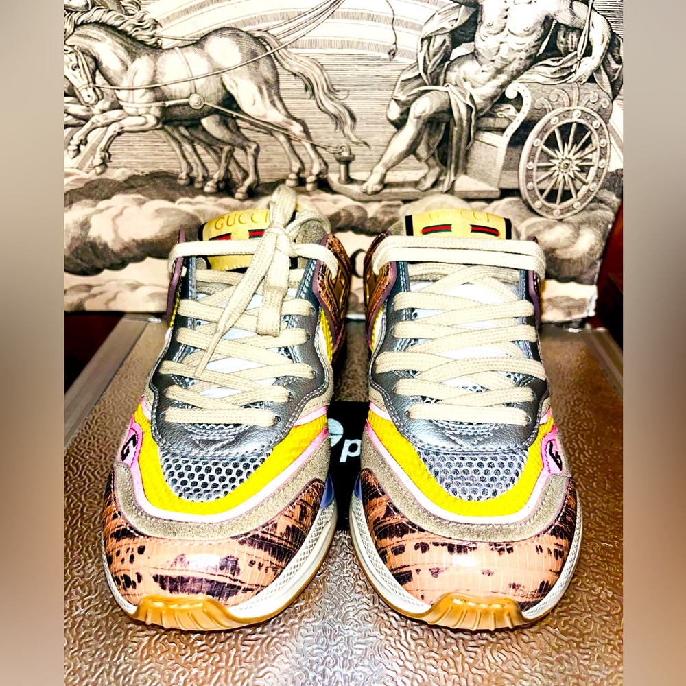 GUCCI Ultrapace Ace Snake Leather Distressed Suede Sneakers - Picture 3 of 12